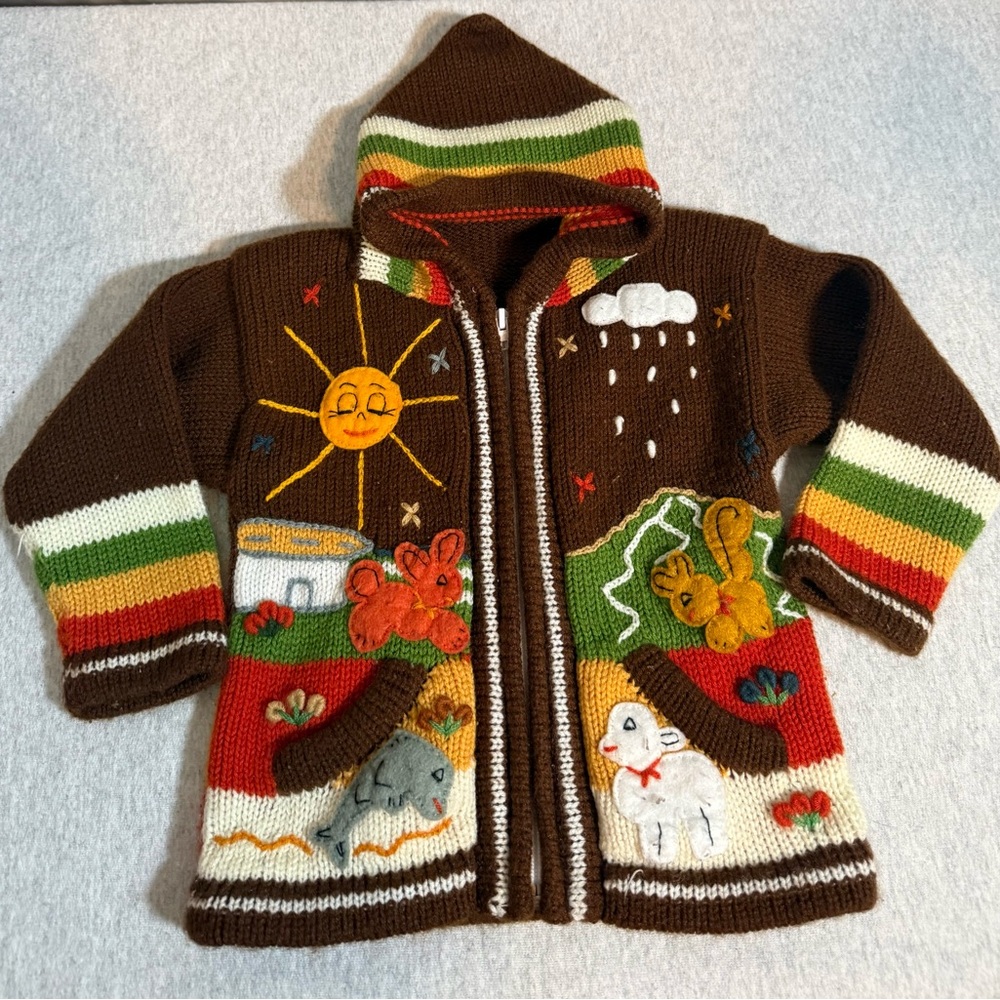 Peruvian Wool Hooded‎ Full Zip Sweater Jacket Kids Small  🦙☀️